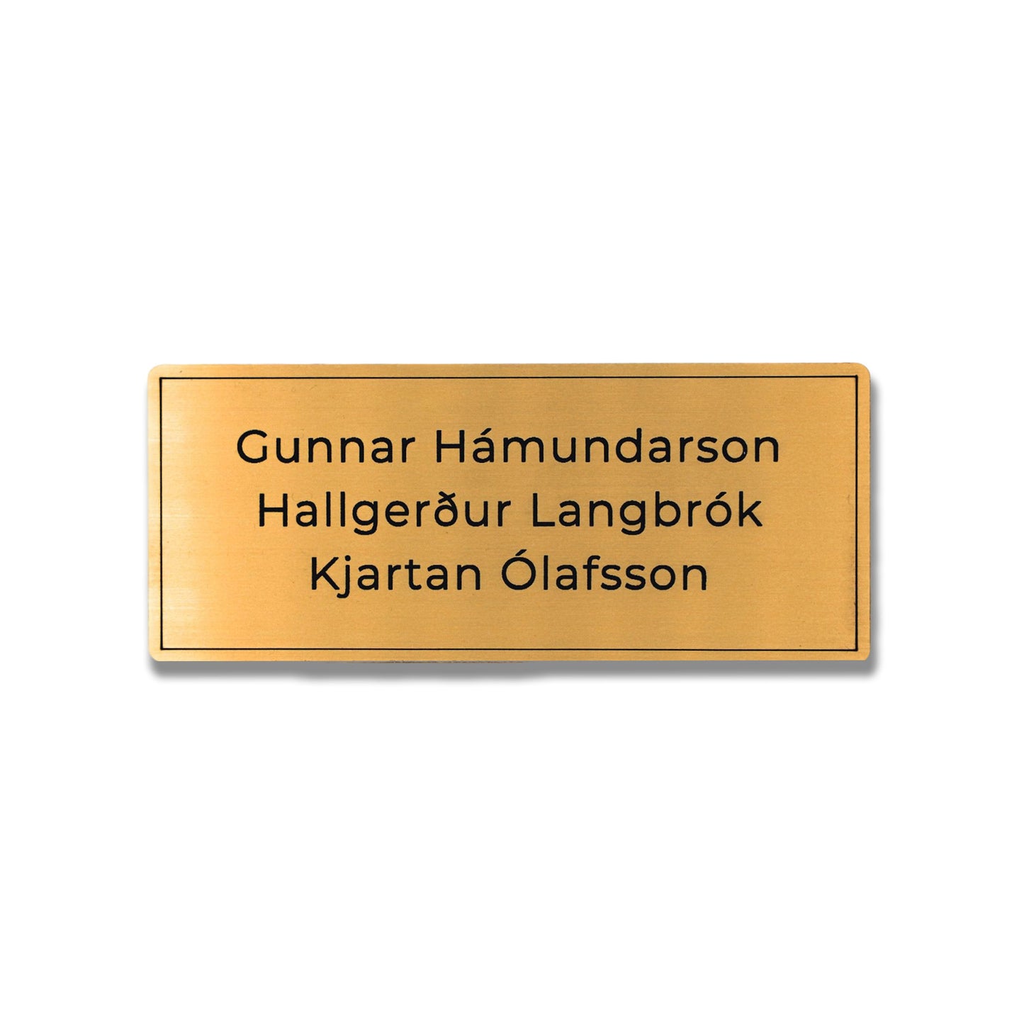 Gyllt hurðaskilti úr akrýl með svörtum stöfum. Nafnaskilti á hurð fyrir heimili.