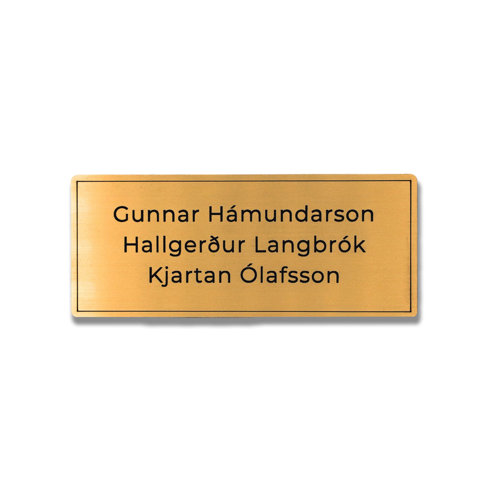 Gyllt hurðaskilti úr akrýl með svörtum stöfum. Nafnaskilti á hurð fyrir heimili.