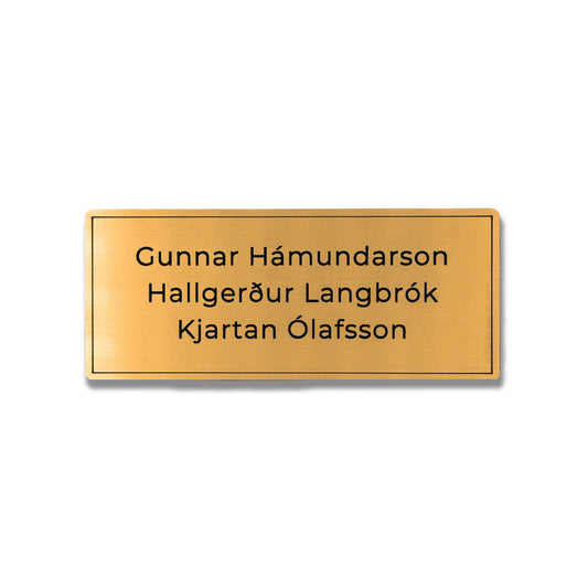 Gyllt hurðaskilti úr akrýl með svörtum stöfum. Nafnaskilti á hurð fyrir heimili.