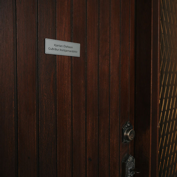 Silfurlitað hurðaskilti, lítið. Nútímalegt útlit sem líkist stáli.