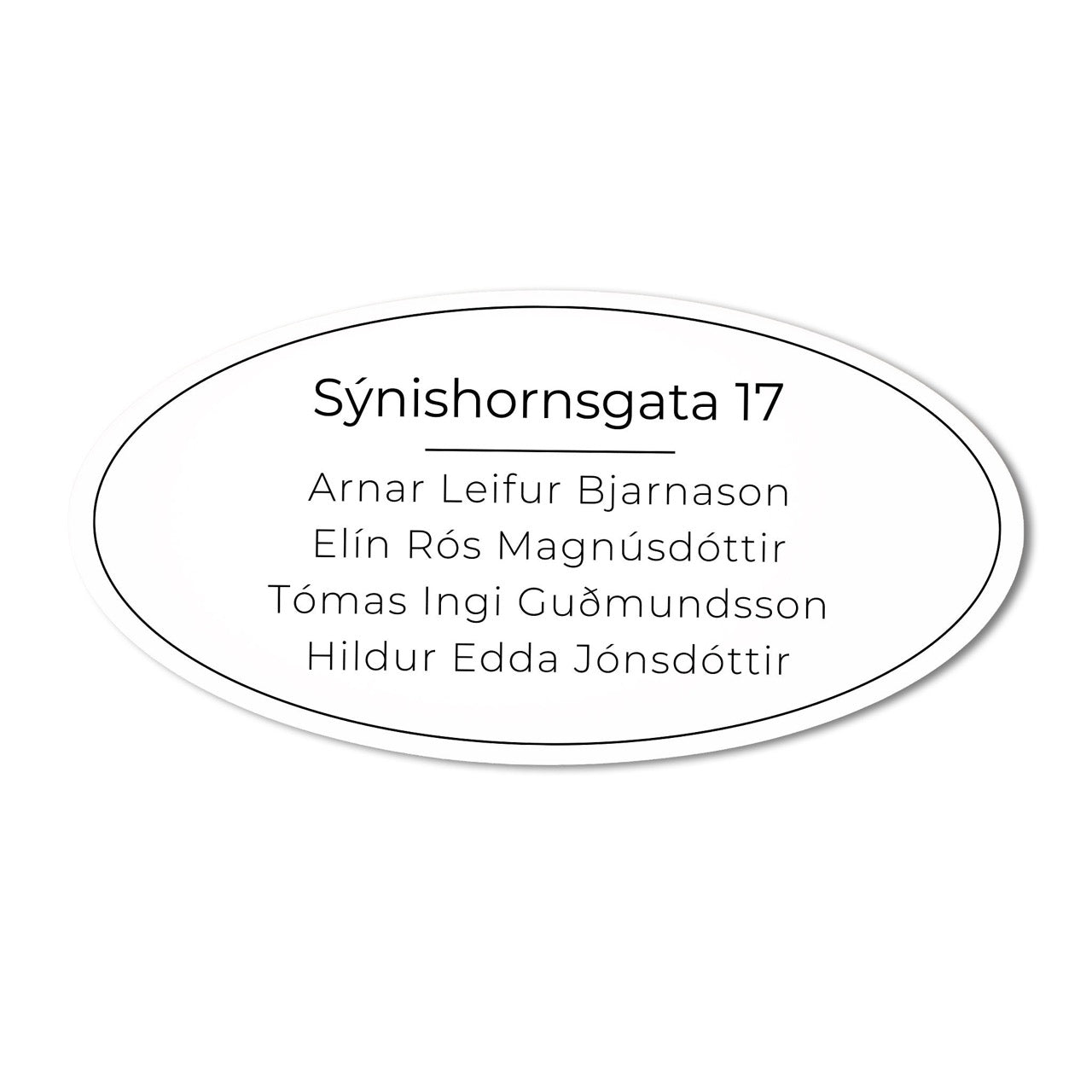 Hurðaskilti sporöskjulaga hvítt með götuheiti.