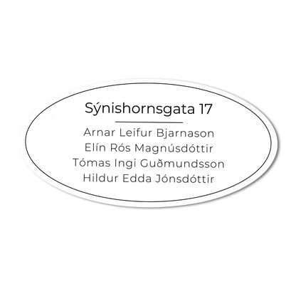 Hurðaskilti sporöskjulaga hvítt með götuheiti.