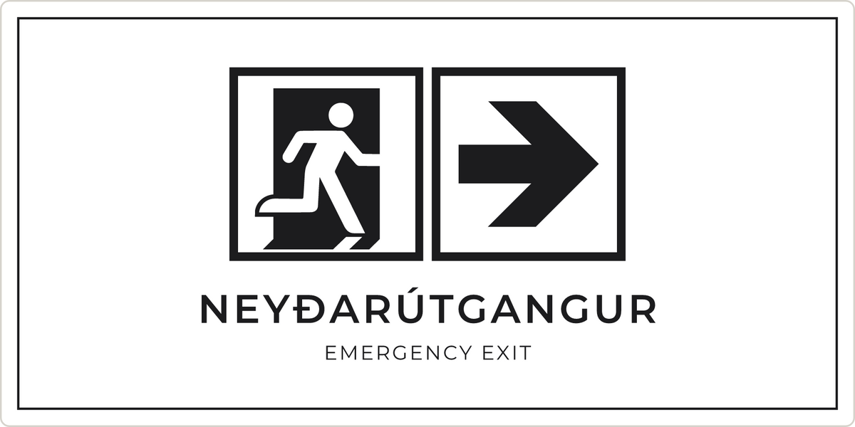 Neyðarútgangsskilti með ör til hægri, hvítt