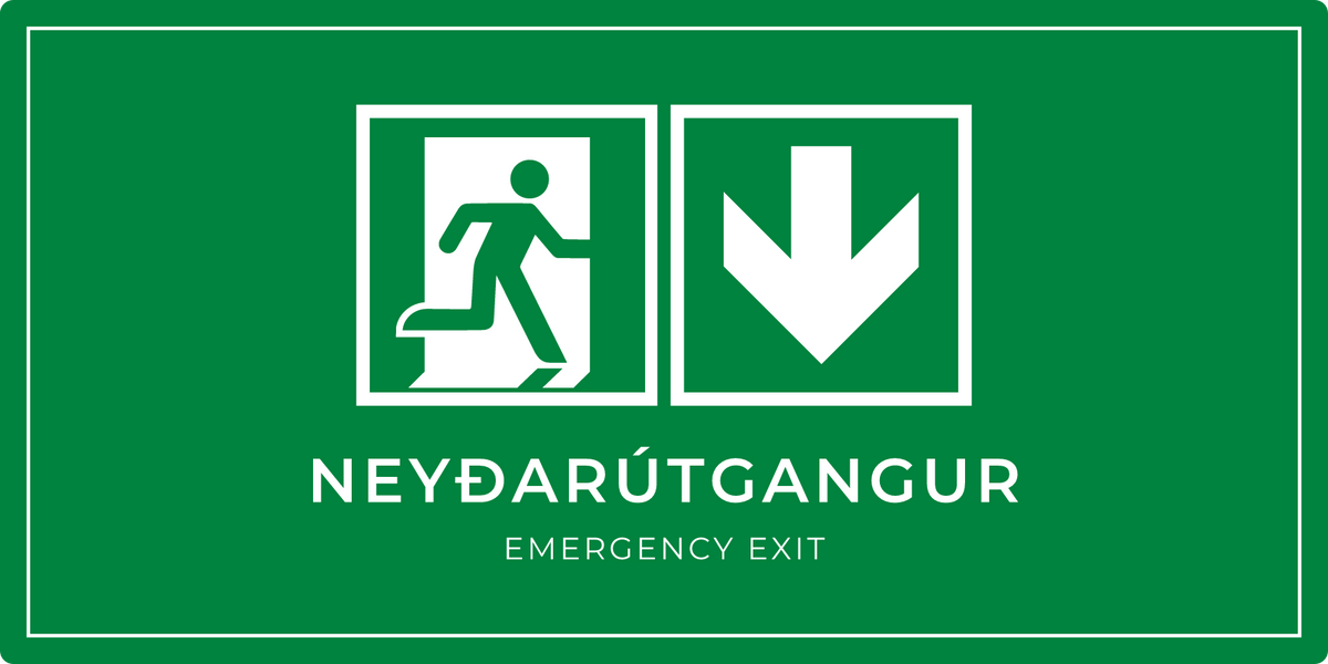 Neyðarútgangsskilti með ör niður, grænt