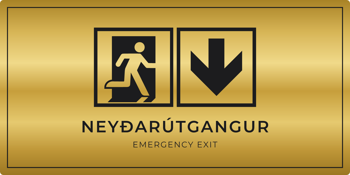 Neyðarútgangsskilti með ör niður, gull