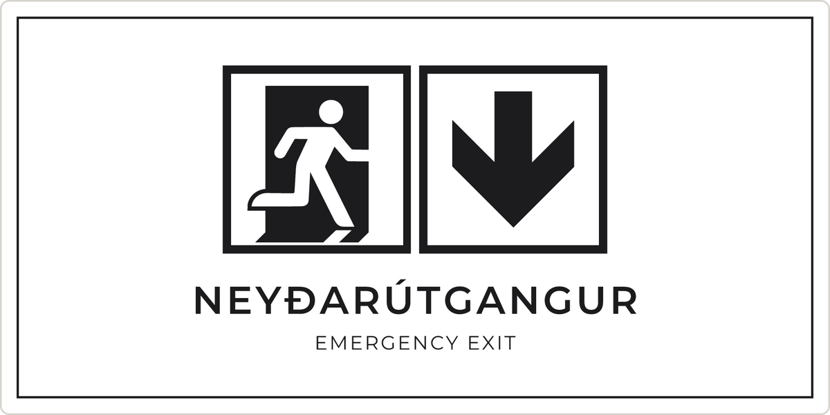 Neyðarútgangsskilti með ör niður, hvítt