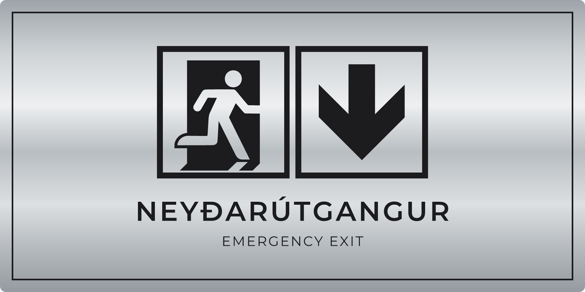 Neyðarútgangsskilti með ör niður, silfur