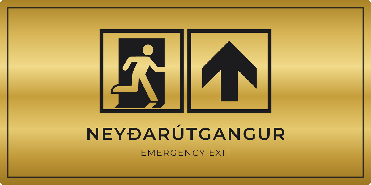 Neyðarútgangsskilti með ör upp, gull