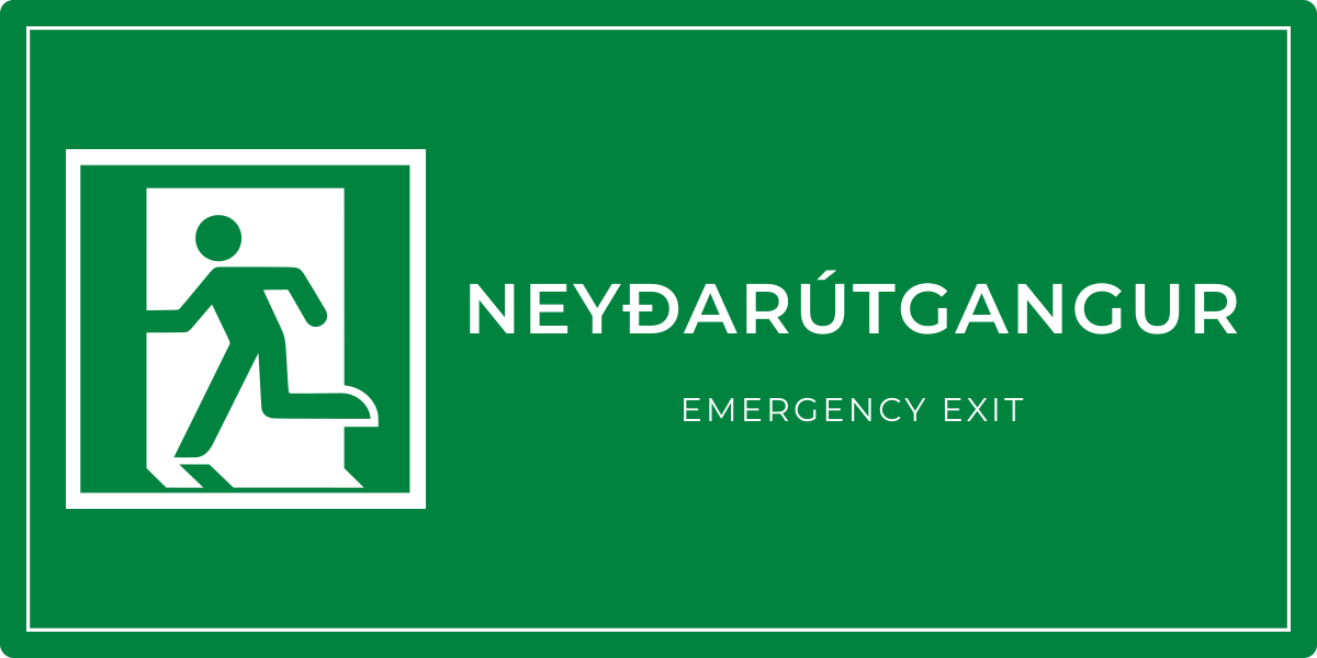 Neyðarútgangur með ör til vinstri – grafið neyðarskilti