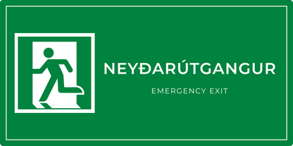 Neyðarútgangur með ör til vinstri – grafið neyðarskilti