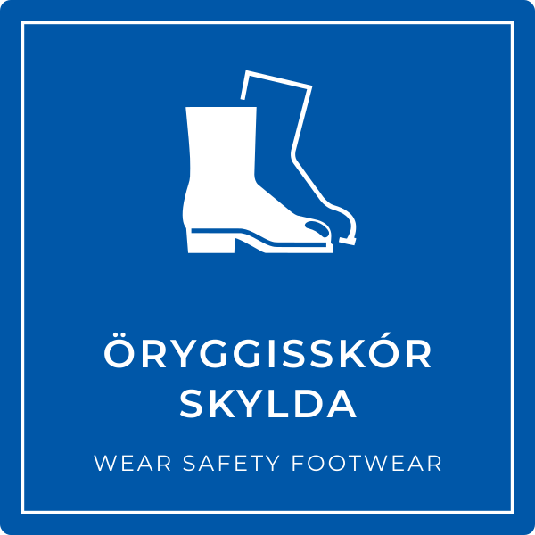 Öryggisskór skylda – grafið boðskilti, íslenska og enska