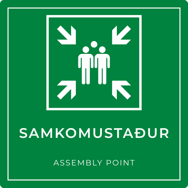 Samkomustaður – grafið neyðarskilti, íslenska og enska