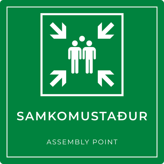 Samkomustaður – grafið neyðarskilti, íslenska og enska