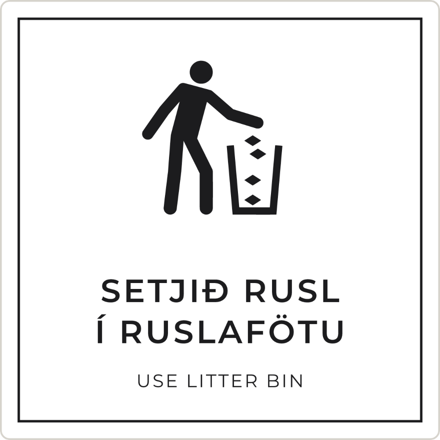 Setjið rusl í ruslafötu - boðskilti, hvítt
