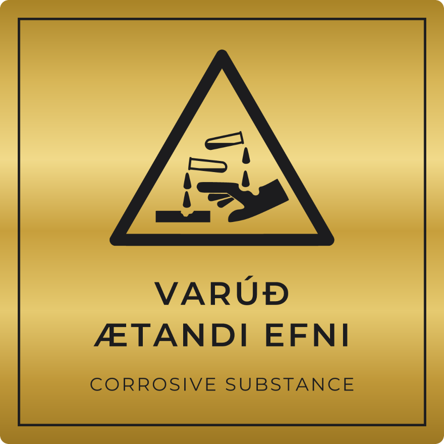 Varúð, ætandi efni - viðvörunarskilti, gull