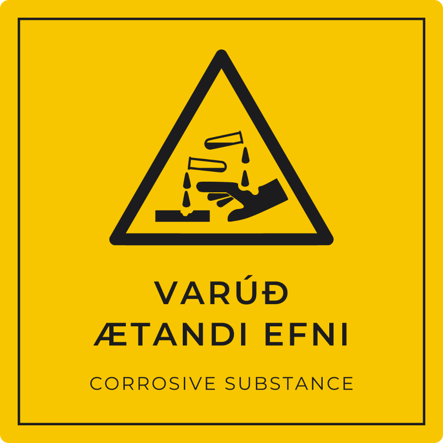 Varúð, ætandi efni - viðvörunarskilti, gult