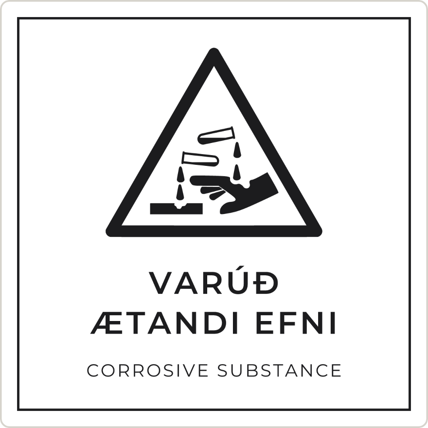 Varúð, ætandi efni - viðvörunarskilti, hvítt