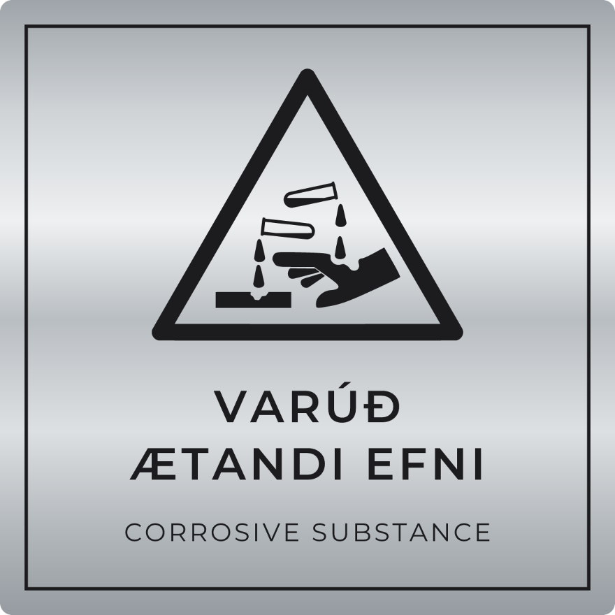 Varúð, ætandi efni - viðvörunarskilti, silfur