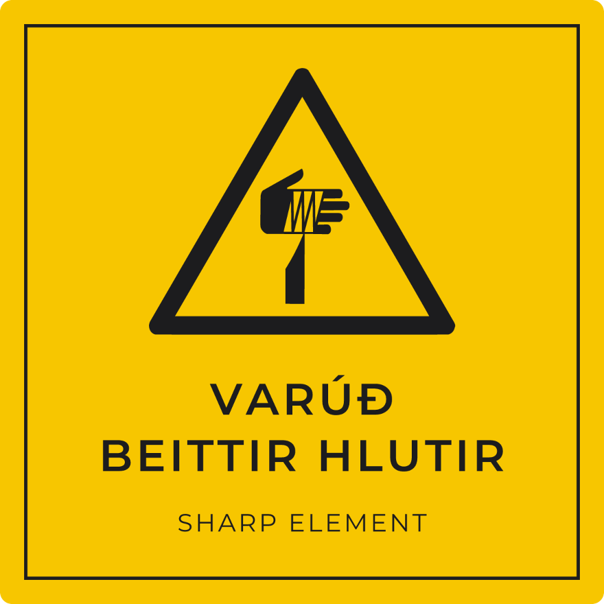 Varúð, beittir hlutir - viðvörunarskilti, gult