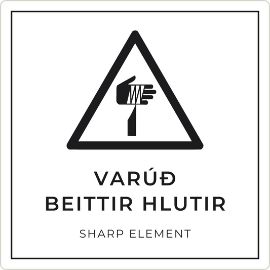 Varúð, beittir hlutir - viðvörunarskilti, hvítt