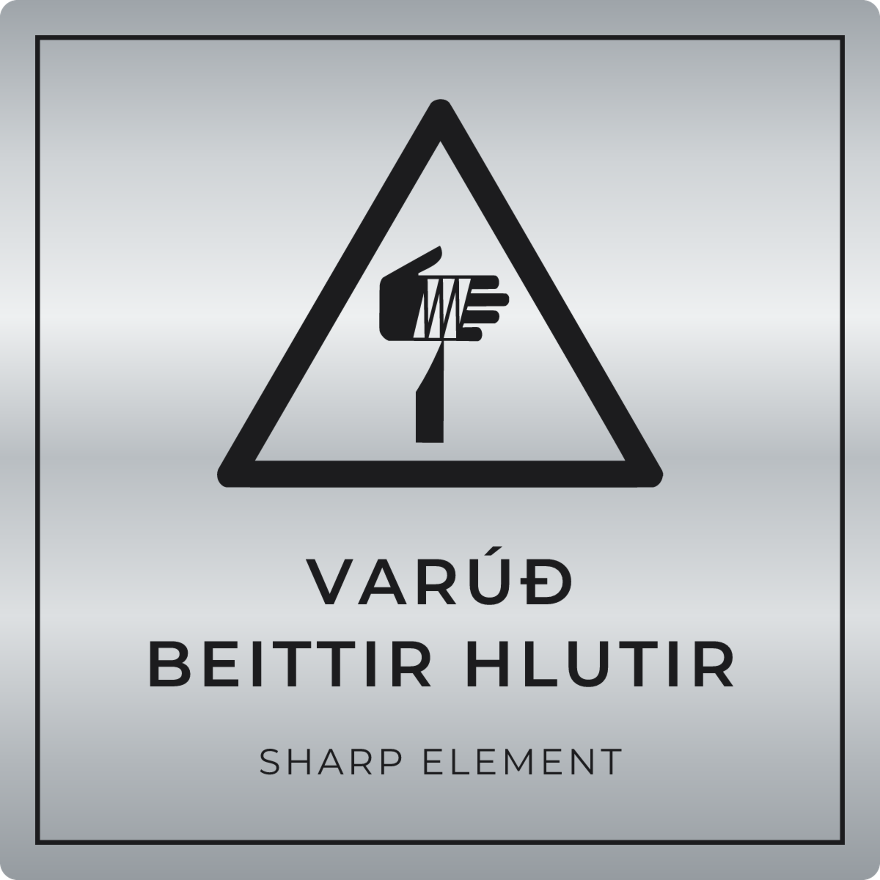Varúð, beittir hlutir - viðvörunarskilti, silfur