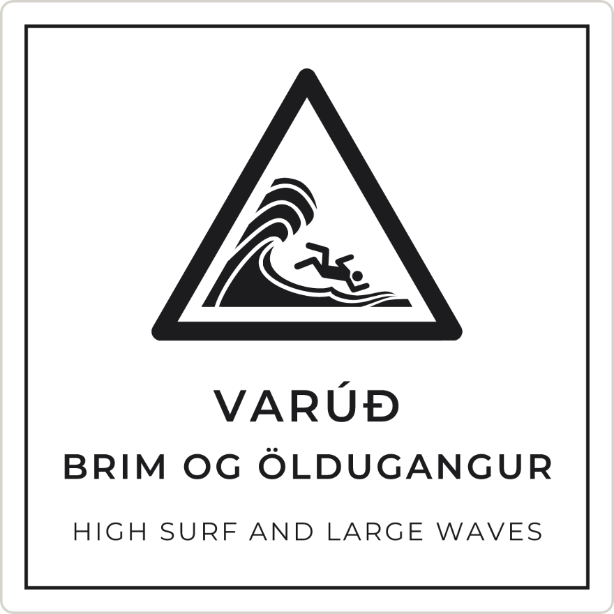 Varúð, brim og öldugangur - viðvörunarskilti, hvítt