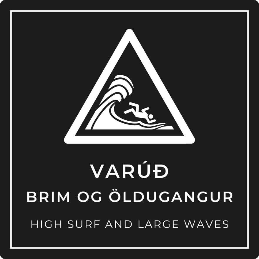 Varúð, brim og öldugangur - viðvörunarskilti, svart
