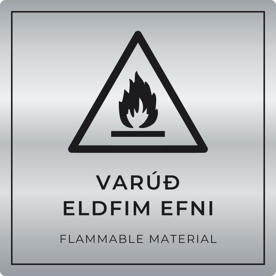 Varúð, eldfim efni - viðvörunarskilti, silfur