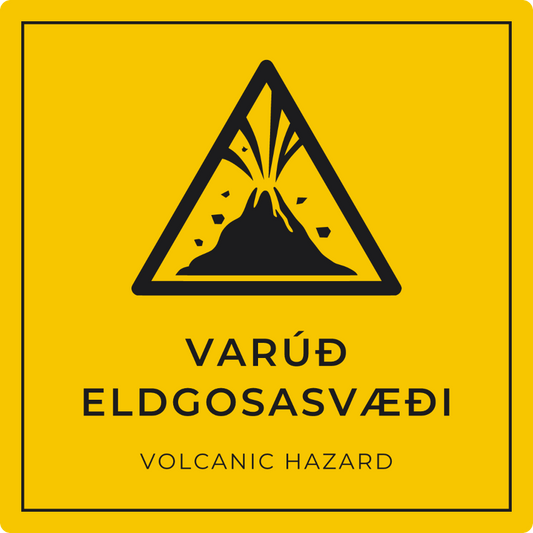 Varúð, eldgosasvæði - viðvörunarskilti, gult