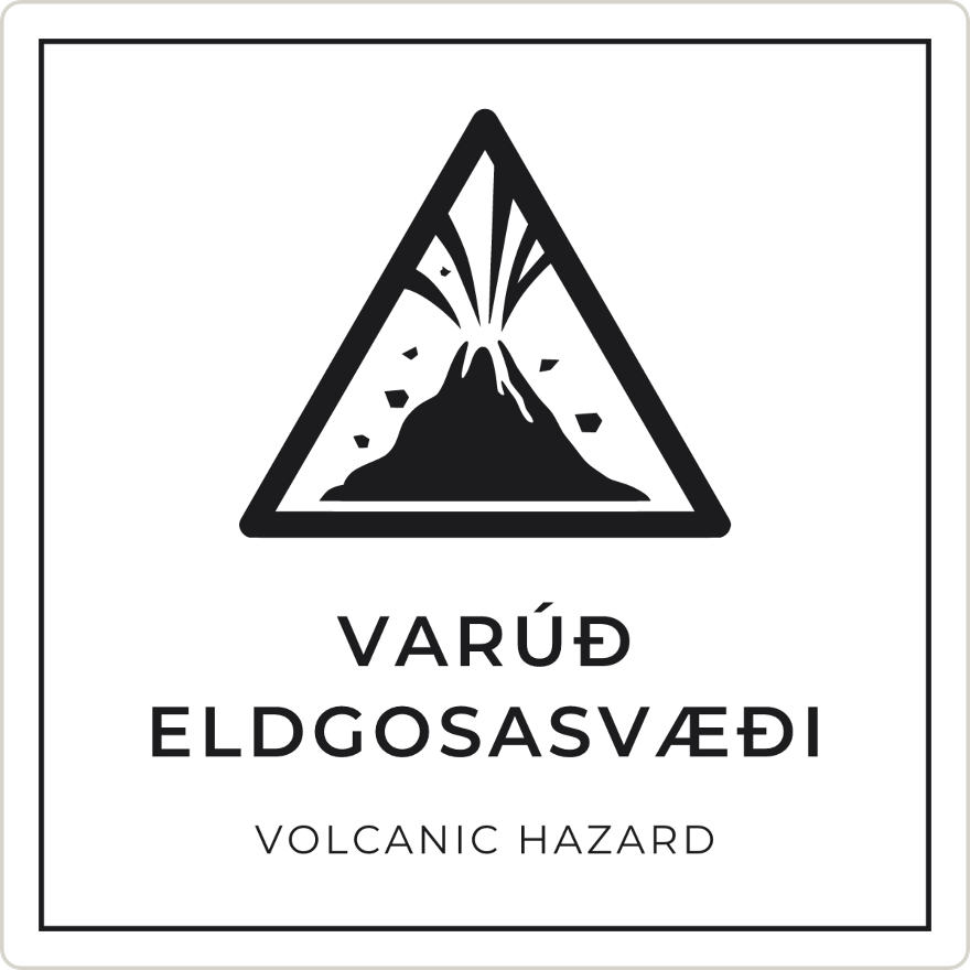 Varúð, eldgosasvæði - viðvörunarskilti, hvítt