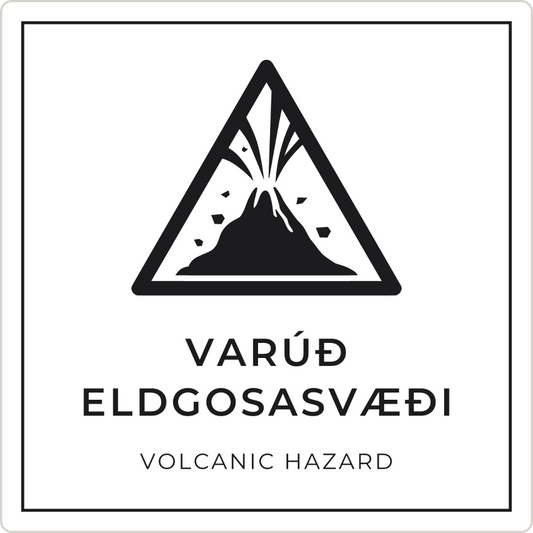 Varúð, eldgosasvæði - viðvörunarskilti, hvítt