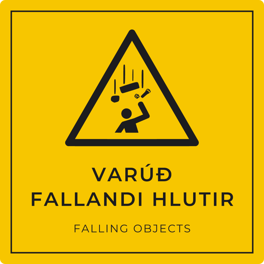 Varúð, fallandi hlutir - viðvörunarskilti, gult