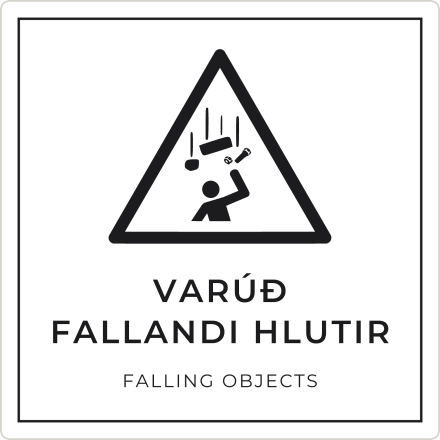 Varúð, fallandi hlutir - viðvörunarskilti, hvítt