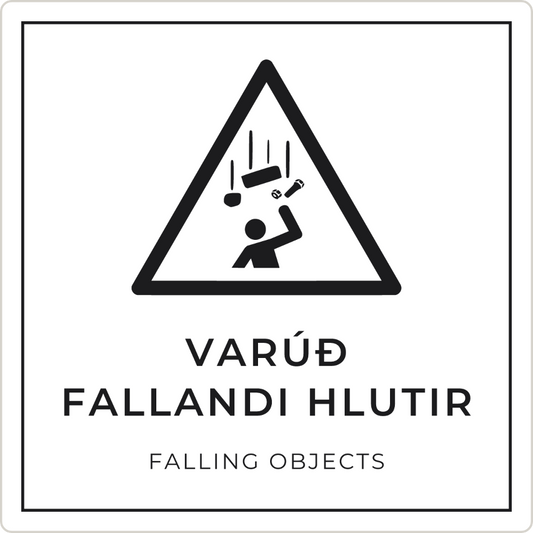Varúð, fallandi hlutir - viðvörunarskilti, hvítt