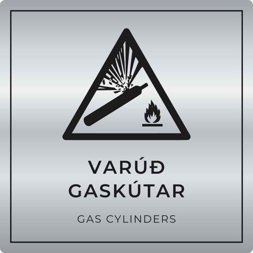 Varúð, gaskútar - viðvörunarskilti, silfur
