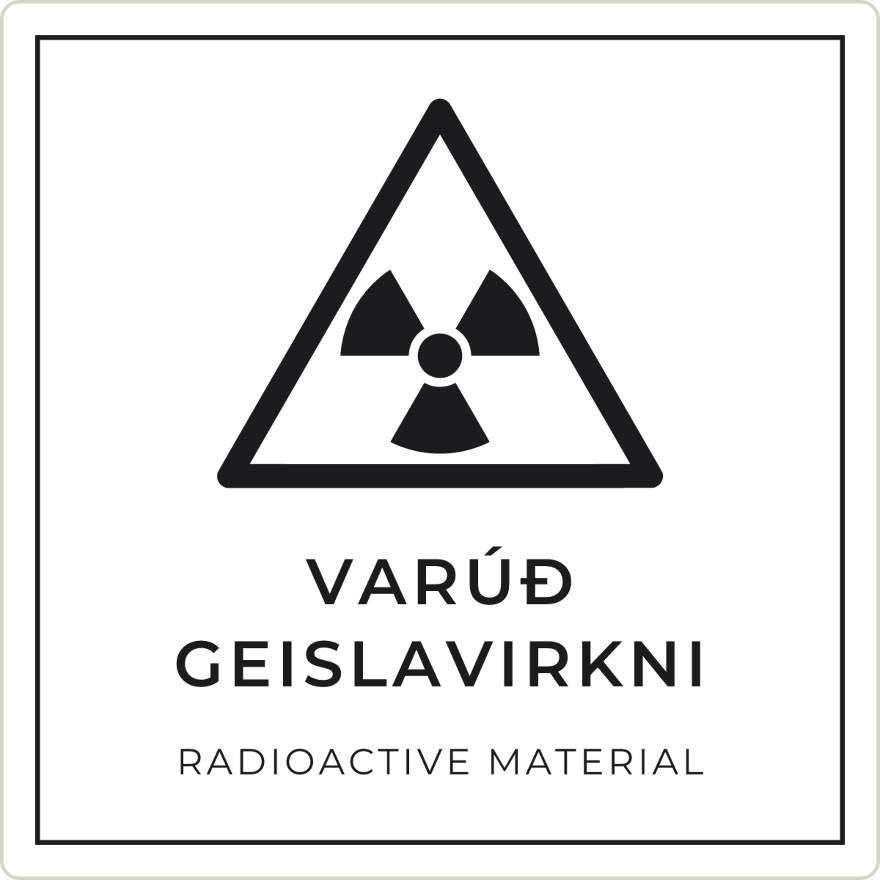 Varúð, geislavirkni - viðvörunarskilti, hvítt
