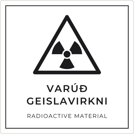 Varúð, geislavirkni - viðvörunarskilti, hvítt