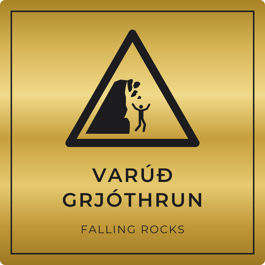 Varúð, grjóthrun - viðvörunarskilti, gull
