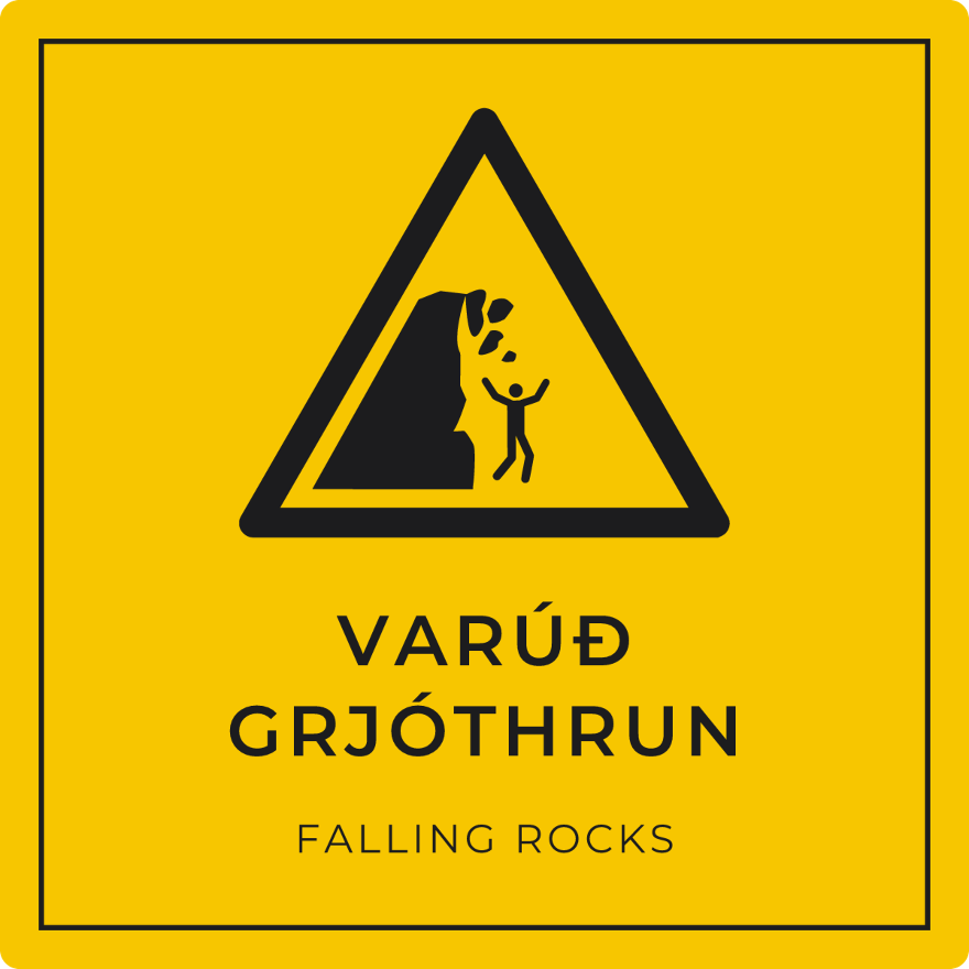 Varúð, grjóthrun - viðvörunarskilti, gult