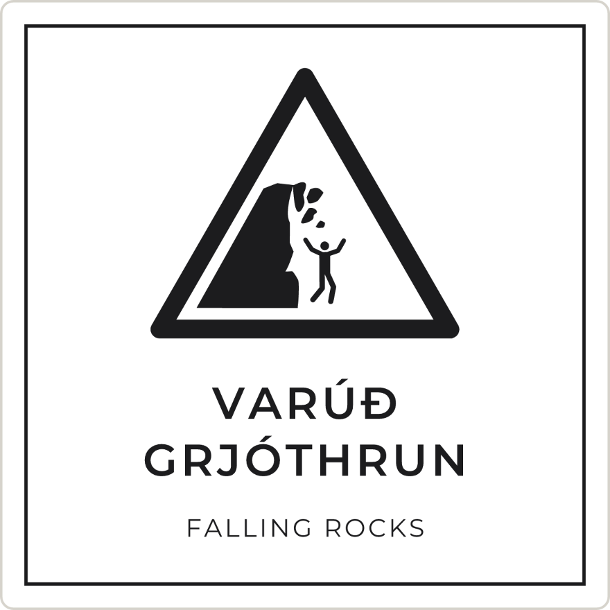 Varúð, grjóthrun - viðvörunarskilti, hvítt