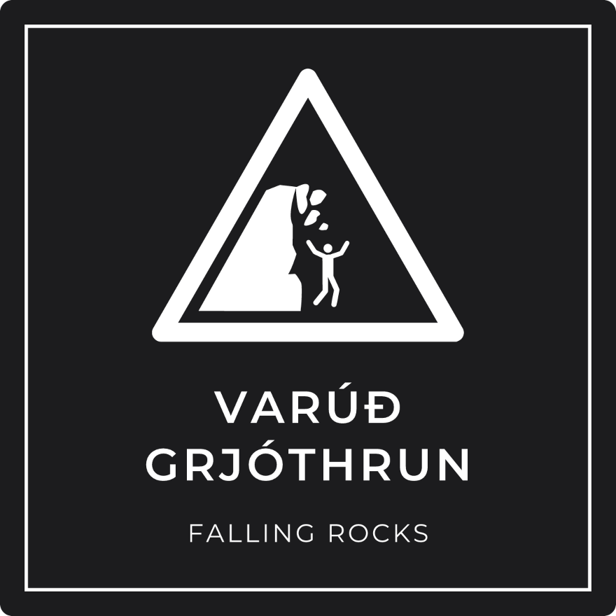 Varúð, grjóthrun - viðvörunarskilti, svart