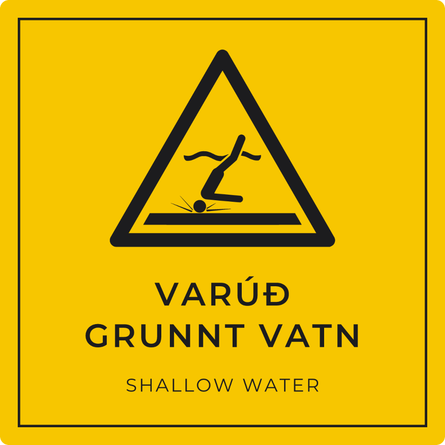 Varúð, grunnt vatn - viðvörunarskilti, gult