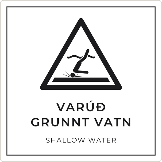 Varúð, grunnt vatn - viðvörunarskilti, hvítt
