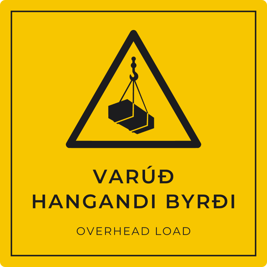 Varúð, hangandi byrði - viðvörunarskilti, gult