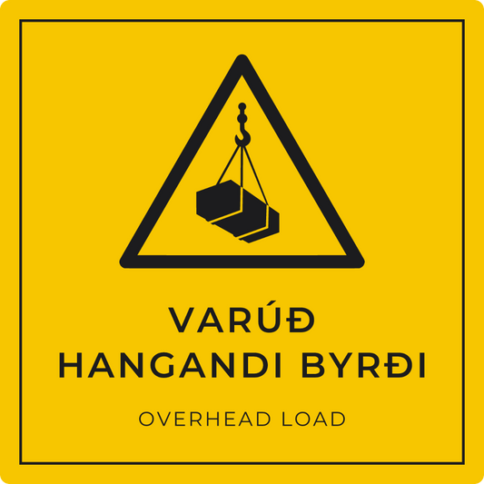 Varúð, hangandi byrði - viðvörunarskilti, gult