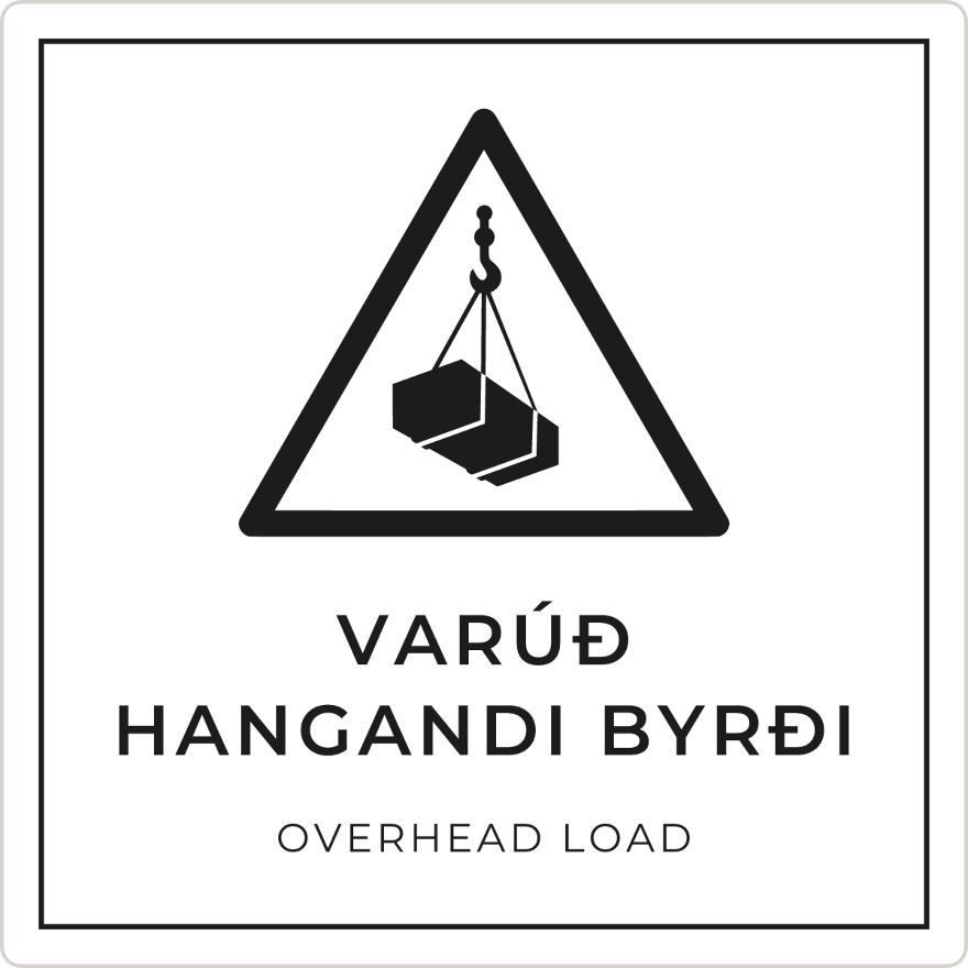 Varúð, hangandi byrði - viðvörunarskilti, hvítt
