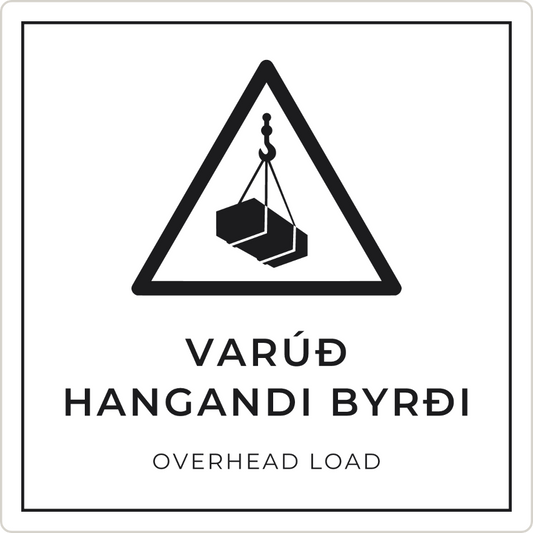 Varúð, hangandi byrði - viðvörunarskilti, hvítt