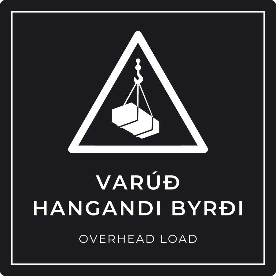 Varúð, hangandi byrði - viðvörunarskilti, svart
