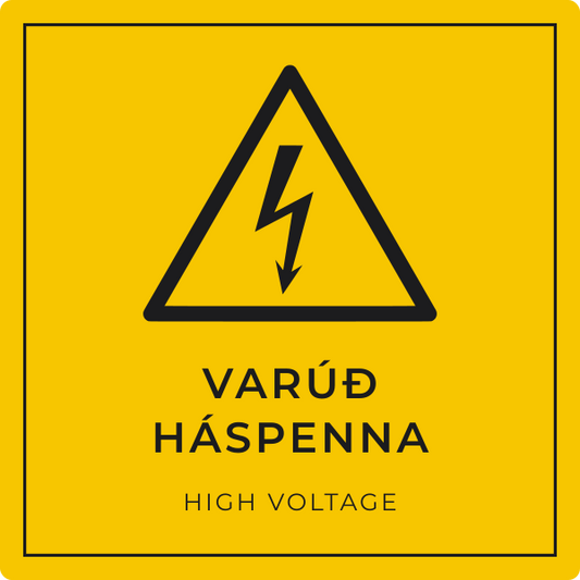 Varúð – háspenna – grafið viðvörunarskilti, íslenska og enska