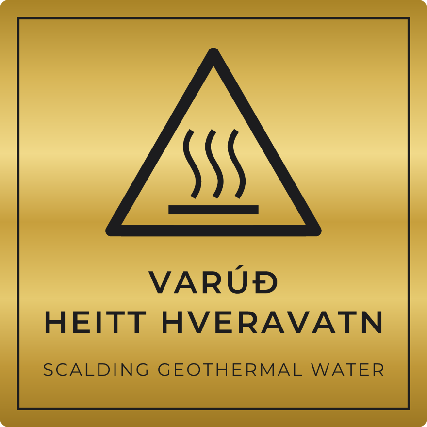 Varúð, heitt hveravatn - viðvörunarskilti, gull